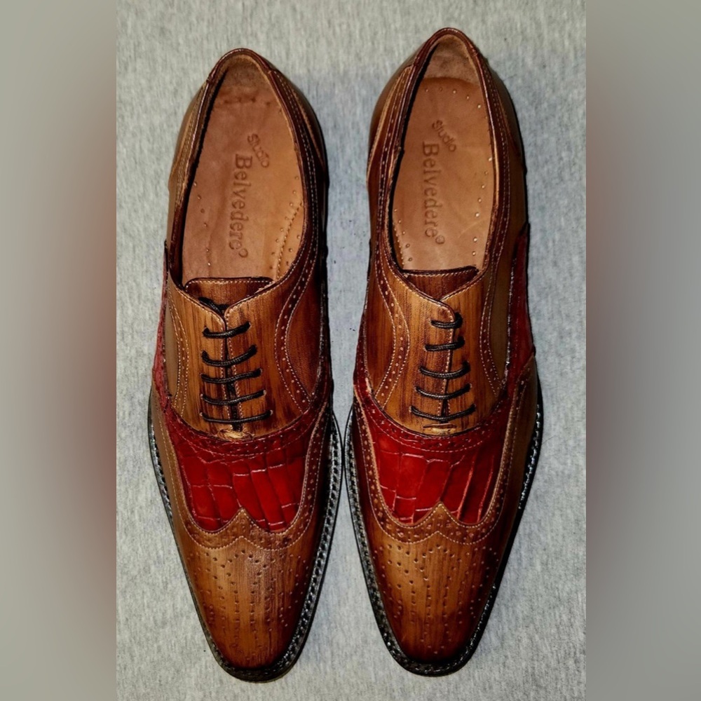 Belvedere Men's Real Alligator Brown and Red Leather Derbys shoe.New old stock.